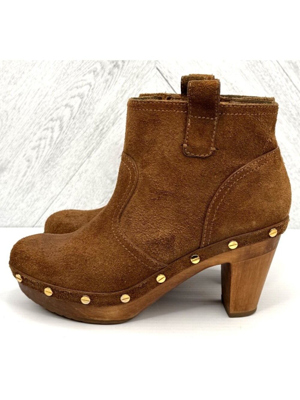 Tory Burch Ginevra Ankle Boots Womens 7 Brown Suede Wooden Clog Studded Platform - Picture 3 of 14